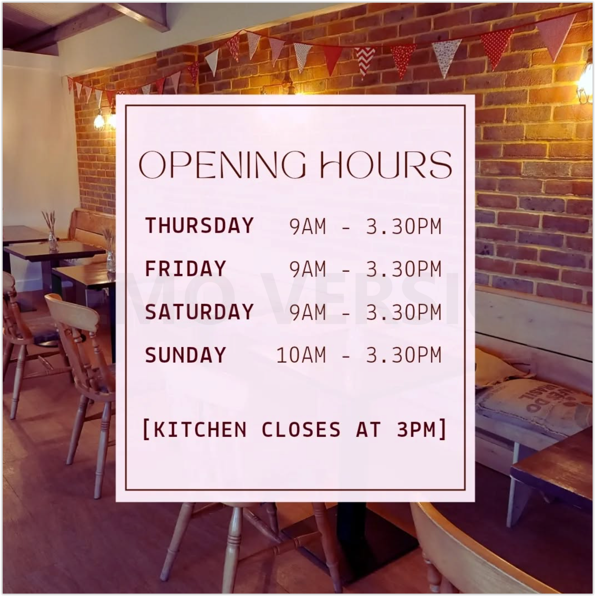 Café interior showing opening hours